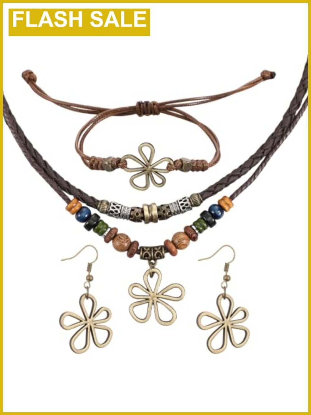 Boho Jewelry Set Wood Bead Necklace Earrings Bracelet 3Pc